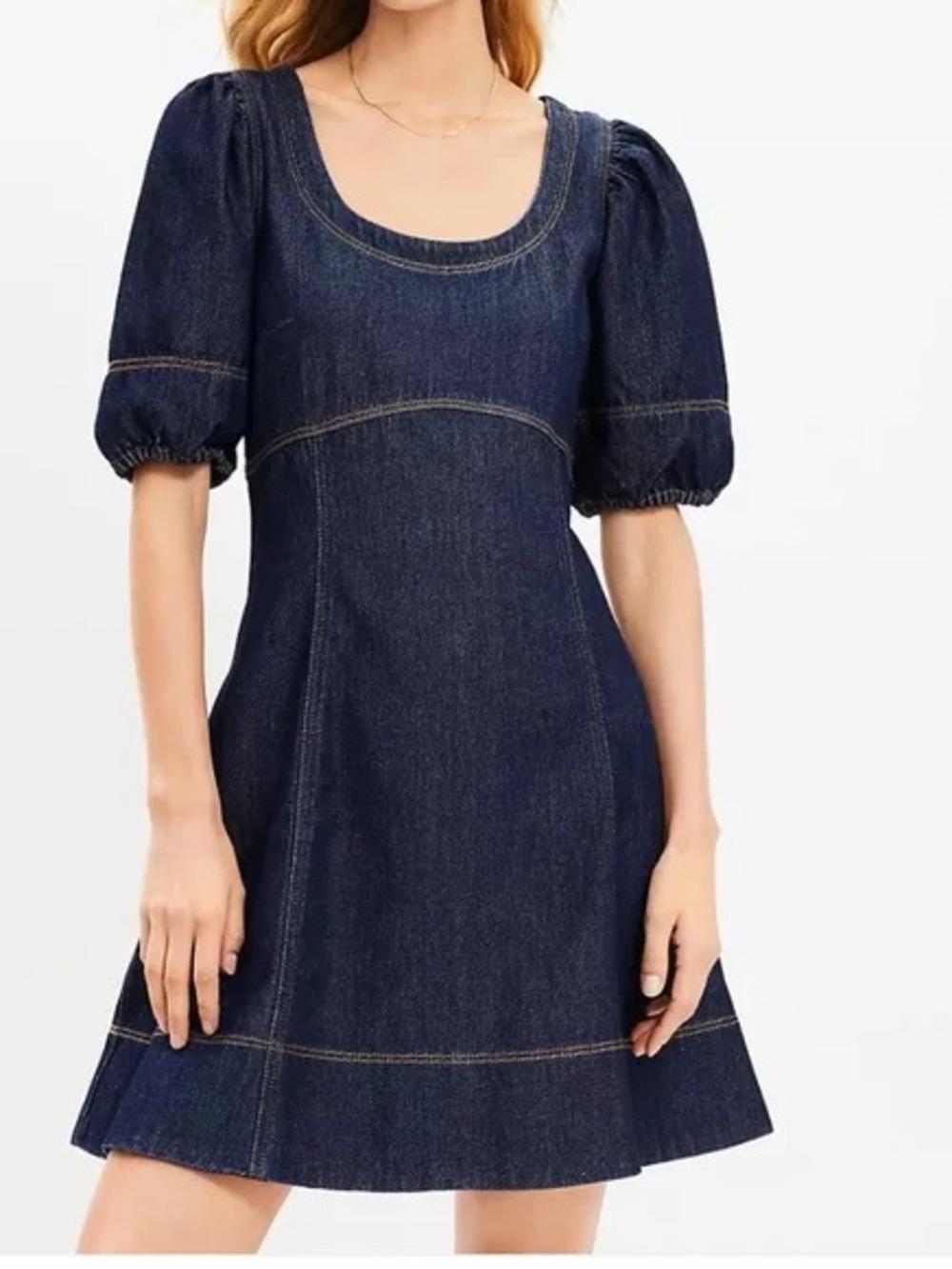Denim Puff Sleeve mini Dress Cowgirl Western Milkmaid Scoop Neck Cottage